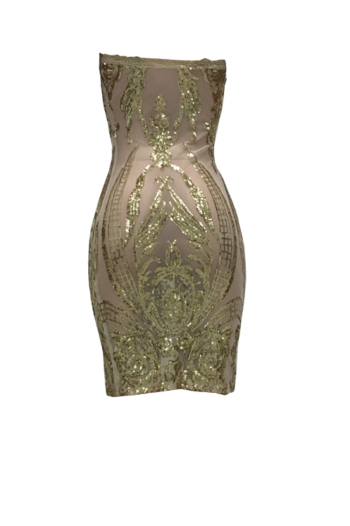  Sexy Strapless See-Through Sequins Decoration Gold Polyester Knee Length Dress(Without Subcoating)