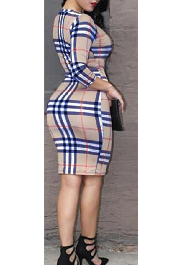  Sexy Turndown Collar Lace-up Grid Printed Blue Polyester Mini Dress