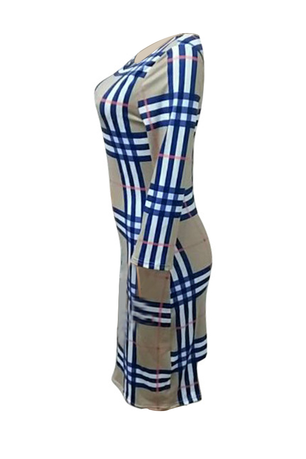  Sexy Turndown Collar Lace-up Grid Printed Blue Polyester Mini Dress