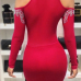  Sexy Turtleneck Hot Drilling Decorative Red Polyester Knee Length Dress