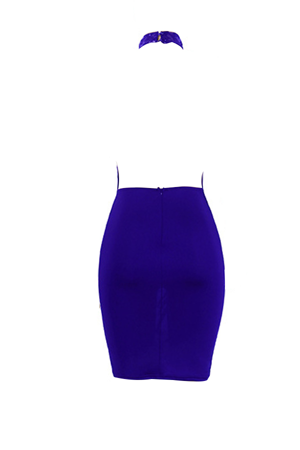  Sexy Turtleneck See-Through Backless Blue Polyester Sheath Knee Length Dress