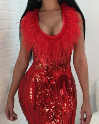  Sexy U Neck Feather And Sequins Decoration Red Polyester Sheath Mini Dress