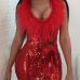  Sexy U Neck Feather And Sequins Decoration Red Polyester Sheath Mini Dress