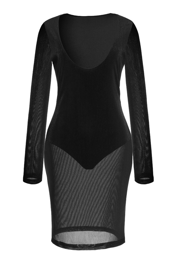  Sexy U Neck See-Through Black Polyester Knee Length Dress