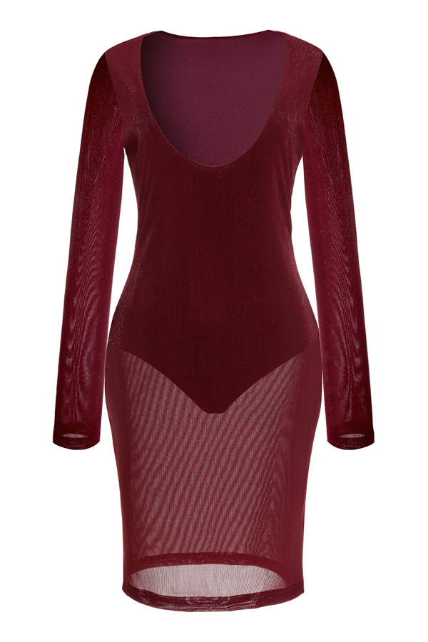  Sexy U Neck See-Through Wine Red Polyester Knee Length Dress
