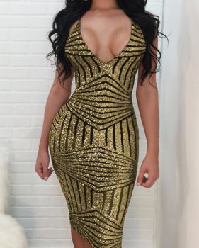 Sexy V Neck Back Lace-up Hollow-out Gold Polyester Knee Length Dress