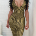  Sexy V Neck Back Lace-up Hollow-out Gold Polyester Knee Length Dress