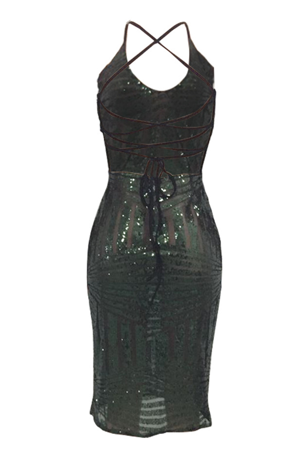  Sexy V Neck Back Lace-up Hollow-out Green Polyester Knee Length Dress
