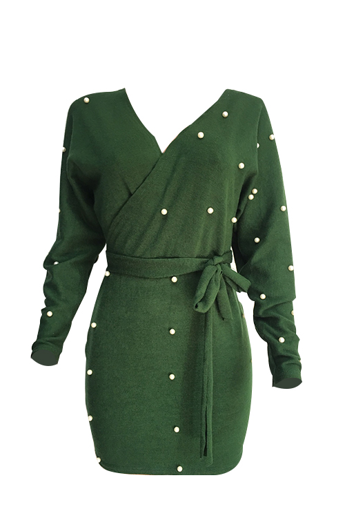  Sexy V Neck Backless Pearl Decoration Green Polyester Mini Bodycon Dress(With Belt)