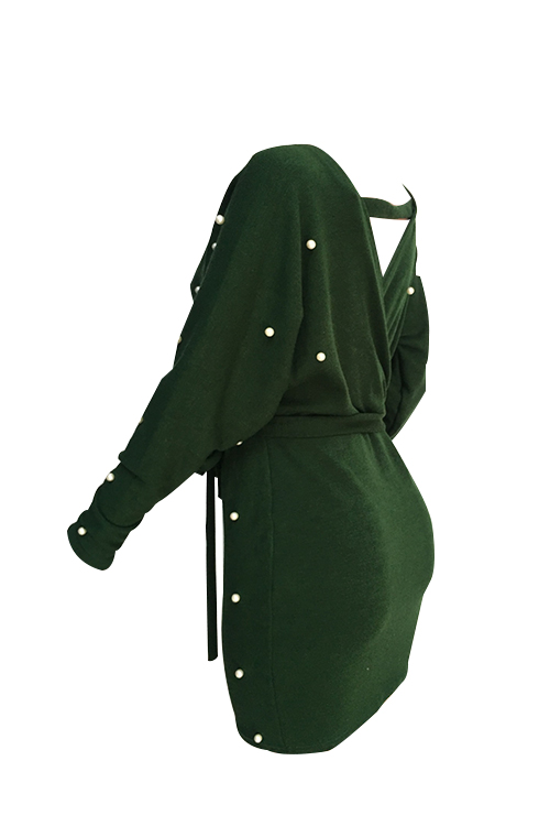  Sexy V Neck Backless Pearl Decoration Green Polyester Mini Bodycon Dress(With Belt)