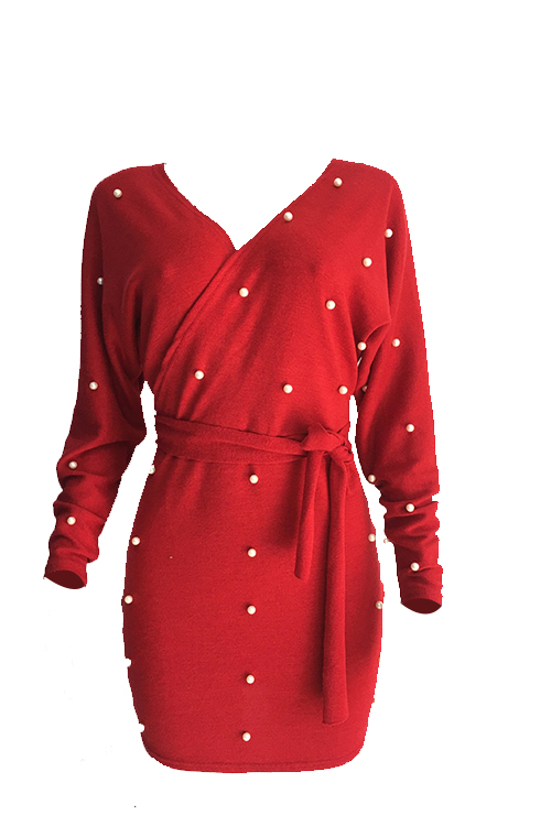  Sexy V Neck Backless Pearl Decoration Red Polyester Mini Bodycon Dress(With Belt)