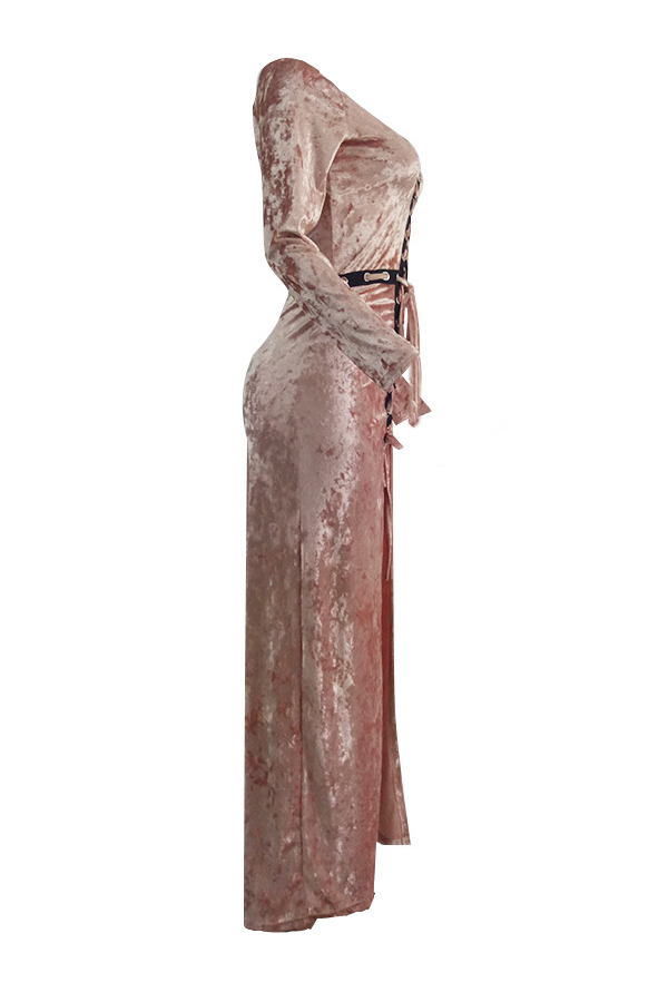  Sexy V Neck Bandage Design Pink Velvet Ankle Length Dress