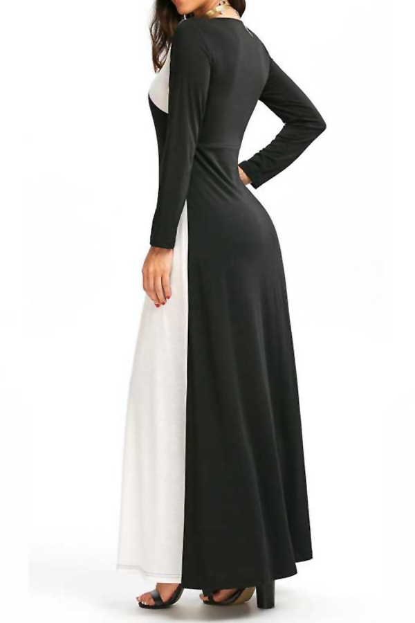  Sexy V Neck Black-white Patchwork Polyester Ankle Length Dress