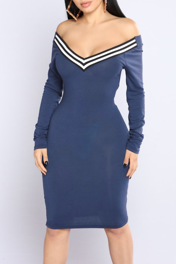  Sexy V Neck Cap Sleeves Striped Blue Polyester Knee Length Dress