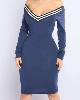  Sexy V Neck Cap Sleeves Striped Blue Polyester Knee Length Dress
