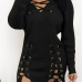  Sexy V Neck Eyelets Design Lace-up Black Polyester Mini Dress