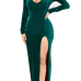  Sexy V Neck High Side Slit Green Velvet Sheath Ankle Length Dress