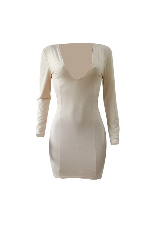  Sexy V Neck Hollow-out Beige Polyester Sheath Mini Dress