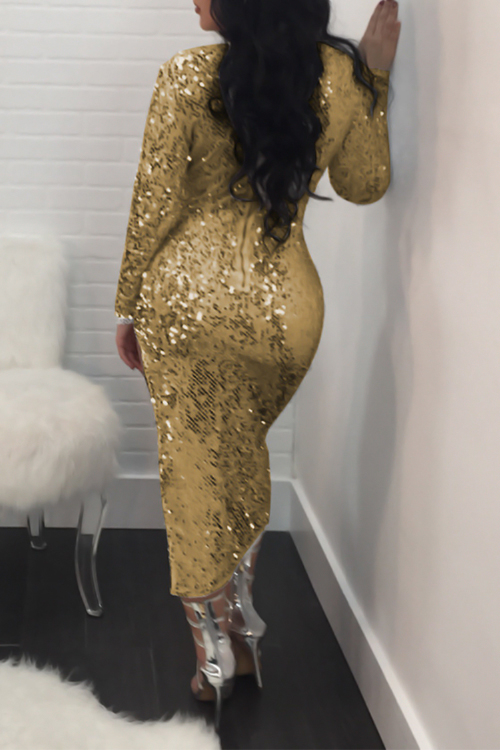  Sexy V Neck Irregular Hems Gold Polyester Mid Calf Dress