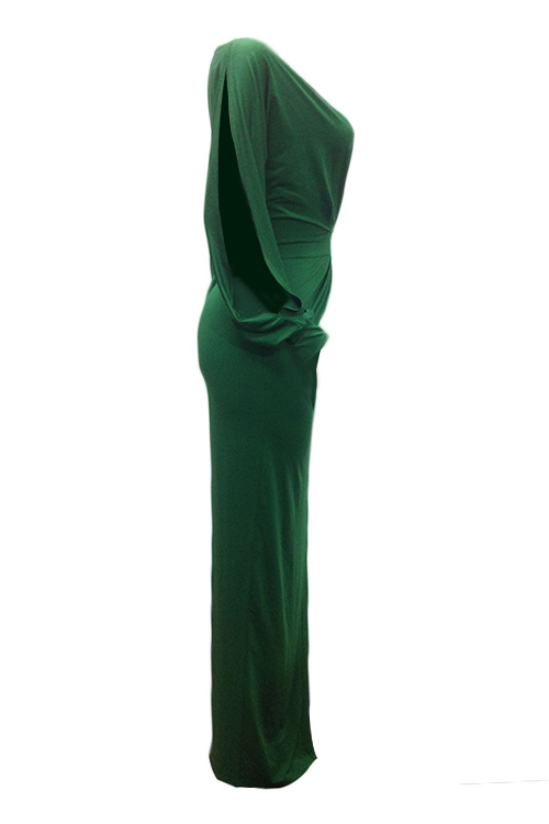  Sexy V Neck Irregular Patchwork Green Milk Fiber Floor Length Dress
