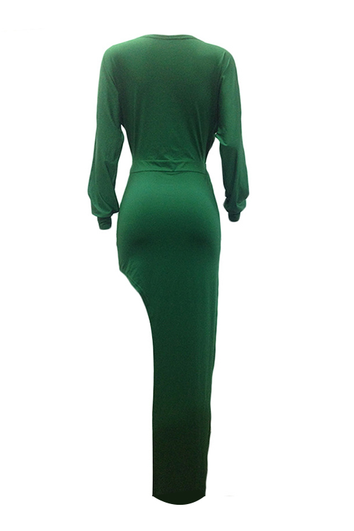  Sexy V Neck Irregular Patchwork Green Milk Fiber Floor Length Dress