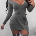  Sexy V Neck Lace-up Asymmetrical Grey Cotton Knee Length Dress