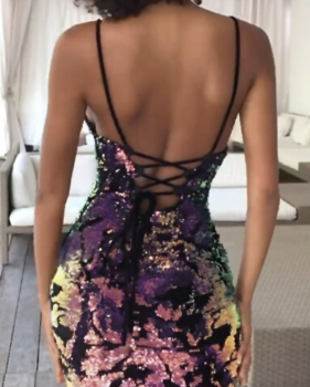  Sexy V Neck Lace-up Colorful Sequins Decorate Polyester Mini Dress
