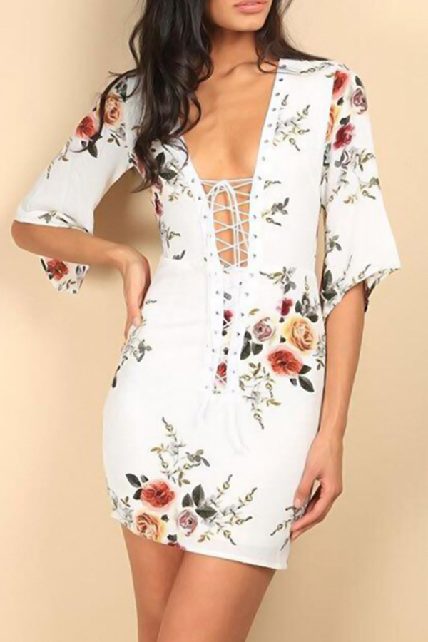  Sexy V Neck Lace-up Floral Printed White Polyester Mini Dress(Non Positioning Printing)