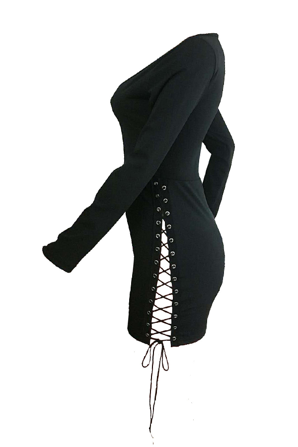  Sexy V Neck Lace-up Hollow-out Black Milk Fiber Mini Dress