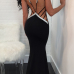  Sexy V Neck Lace-up Hollow-out Black Polyester Floor length Dress