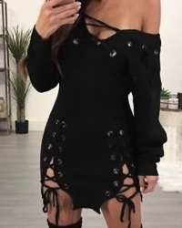 Sexy V Neck Lace-up Hollow-out Black Polyester Mini Dress