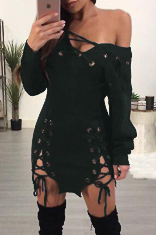  Sexy V Neck Lace-up Hollow-out Green Polyester Mini Dress