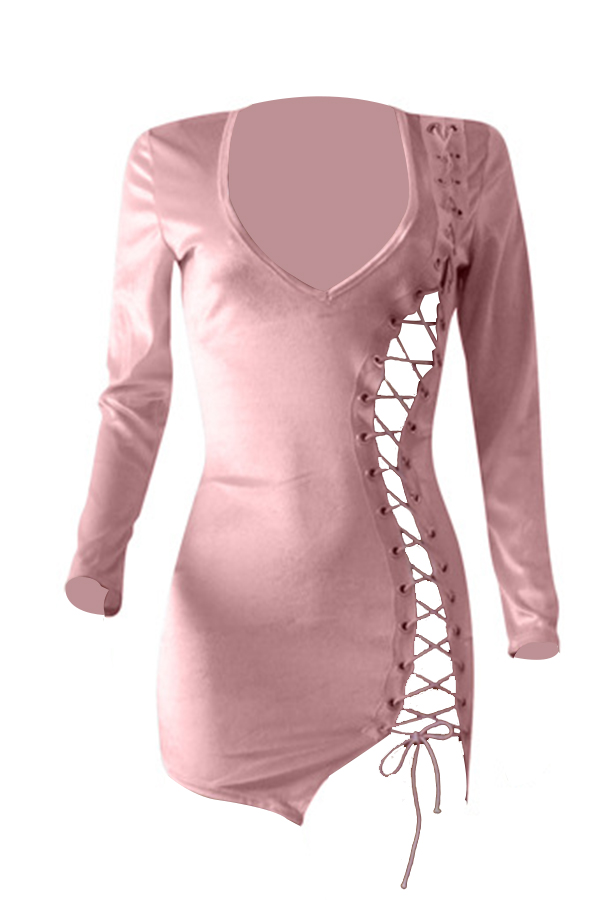  Sexy V Neck Lace-up Hollow-out Pink Velvet Mini Dress