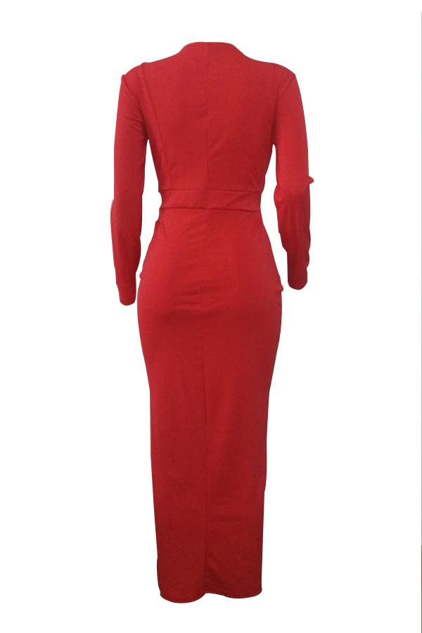  Sexy V Neck Lace-up Hollow-out Red Polyester Ankle Length Dress