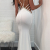  Sexy V Neck Lace-up Hollow-out White Polyester Floor length Dress