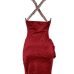  Sexy V Neck Pearl Decoration Red Velvet Knee Length Dress