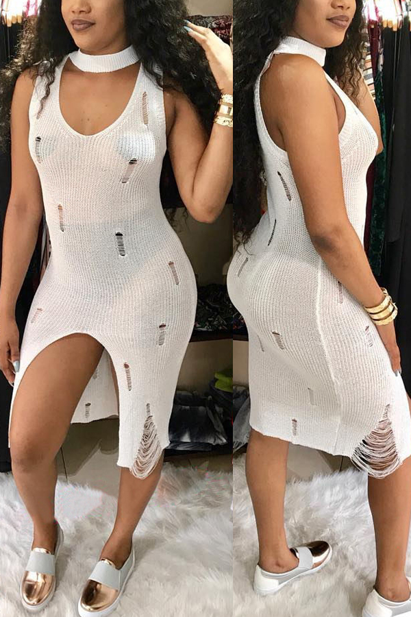  Sexy V Neck See-Through White Polyester Sheath Knee Length Dress