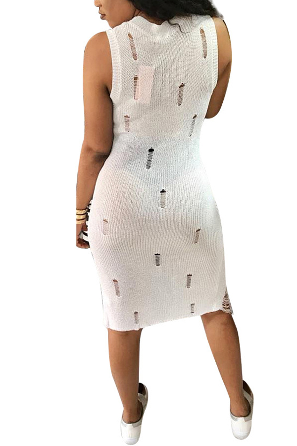  Sexy V Neck See-Through White Polyester Sheath Knee Length Dress
