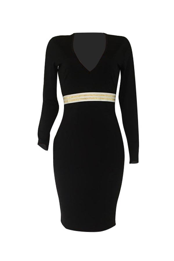  Sexy V Neck Zipper Design Black Cotton Blend  Mid Calf Dress