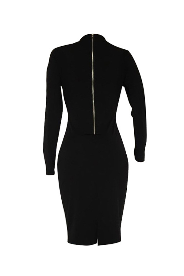  Sexy V Neck Zipper Design Black Cotton Blend  Mid Calf Dress