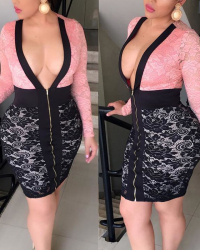  Sexy V Neck Zipper Design Pink Lace Sheath Knee Length Dress
