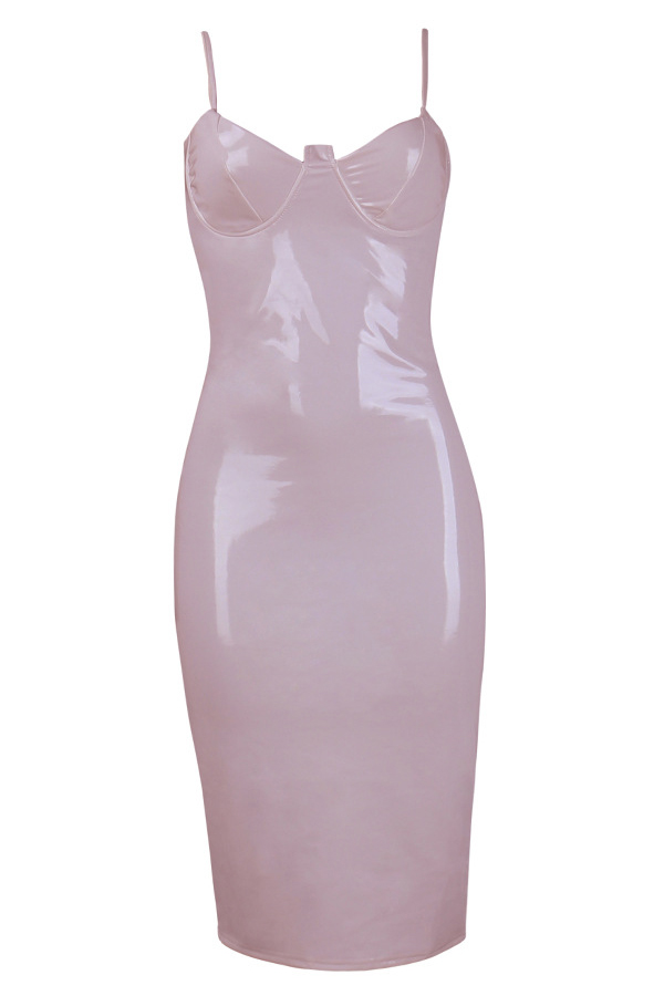  Sexy V Neck Zipper Design Pink Polyester Sheath Knee Length Dress
