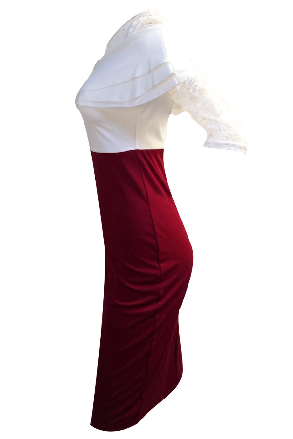  Stylish Falbala Design Wine Red Cotton Blend Sheath Mid Calf Dress