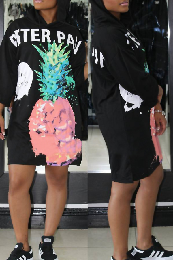  Stylish Hooded Collar Printed Black Polyester Knee Length Dress