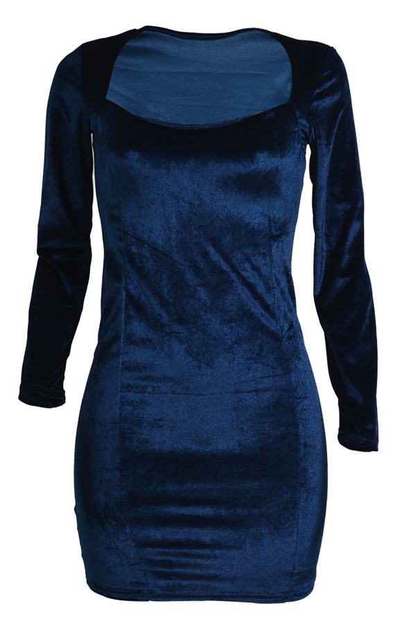  Stylish Long Sleeves Blue Velvet Sheath Mini Dress