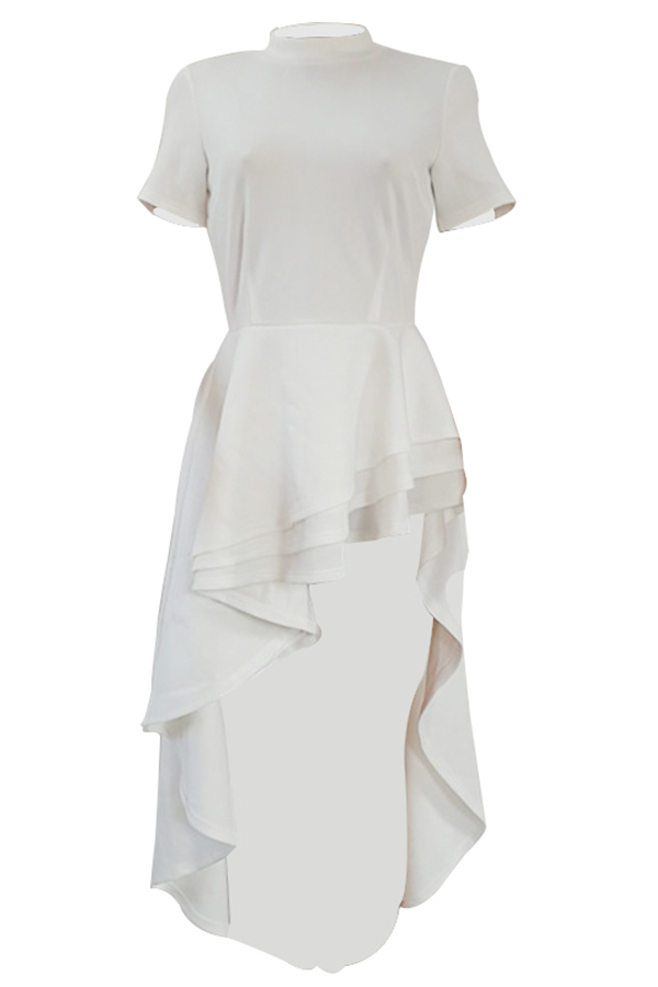  Stylish Mandarin Collar Asymmetrical Falbala Design White Polyester Mid Calf Dress