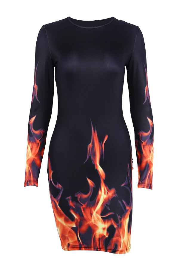  Stylish Round Neck Fire Print Black Polyester Sheath Mini Dress