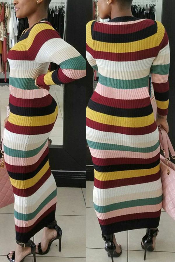  Stylish Round Neck Striped Polyester Sheath Ankle Length Dress
