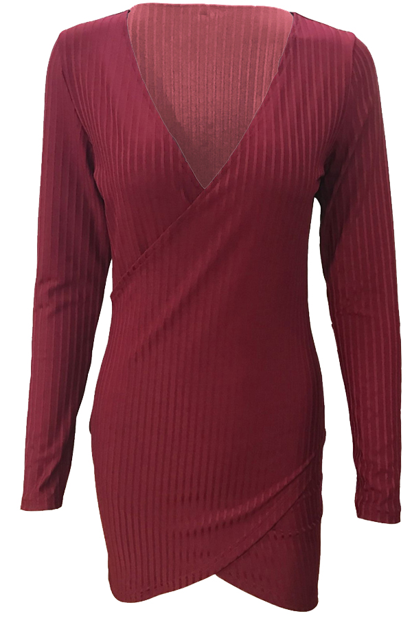  Stylish V Neck Long Sleeves Wine Red Polyester Sheath Mini Dress