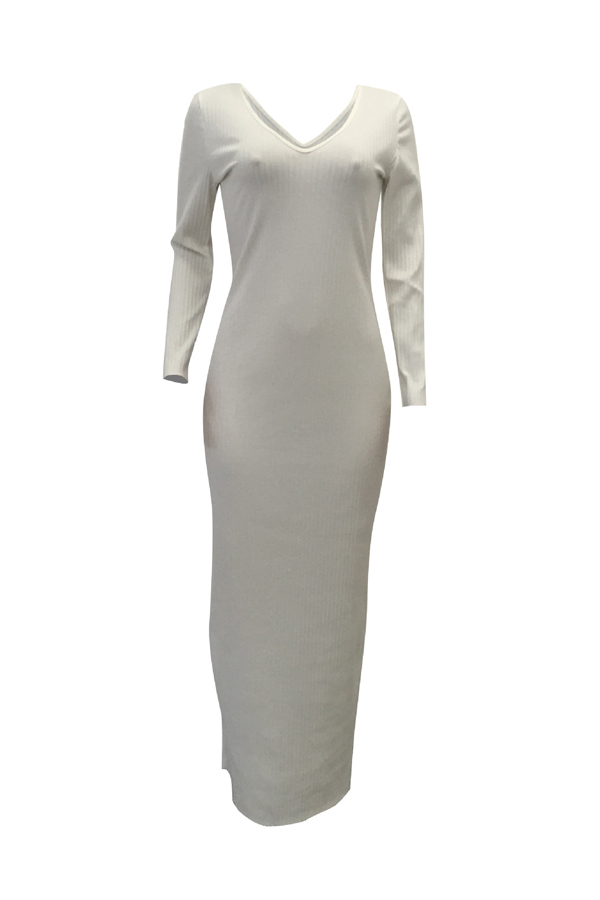  Stylish V Neck White Cotton Blend Sheath Mid Calf Dress